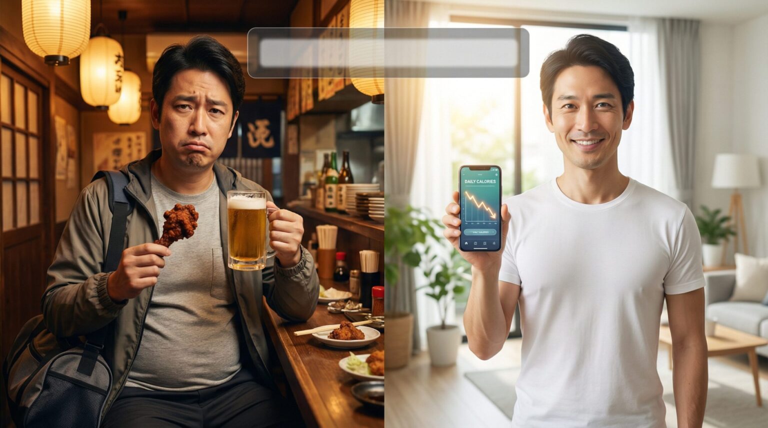 左側はジム帰りに居酒屋で唐揚げとビールを手に後悔する太り気味の男性、右側は明るい部屋でスマホのダイエットアプリを見せて微笑むスリムになった同じ男性のビフォーアフター比較画像