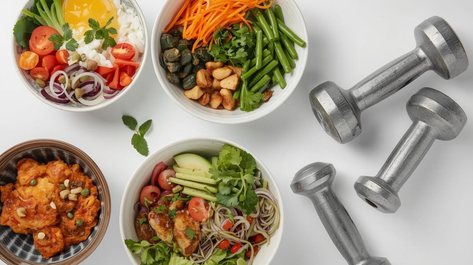 健康的な食事が盛られた4つのボウルとダンベルが白い背景に並ぶ、ボディメイクのコンセプトイメージ
