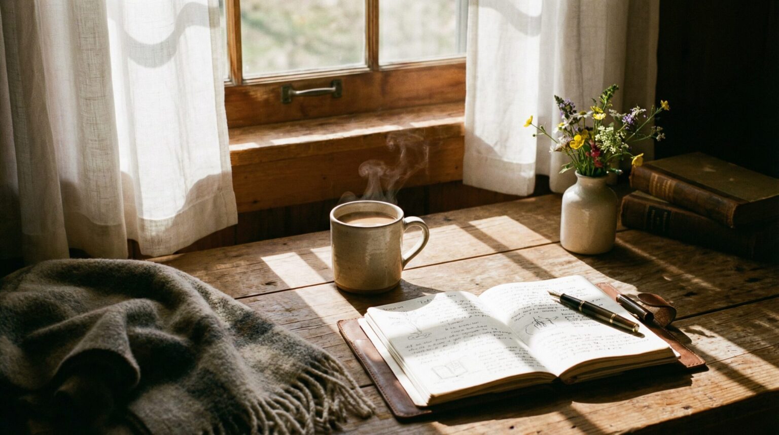 朝の光の中でコーヒーを飲みながら手帳を開く様子。スマホから離れて充実した時間を過ごすイメージ。