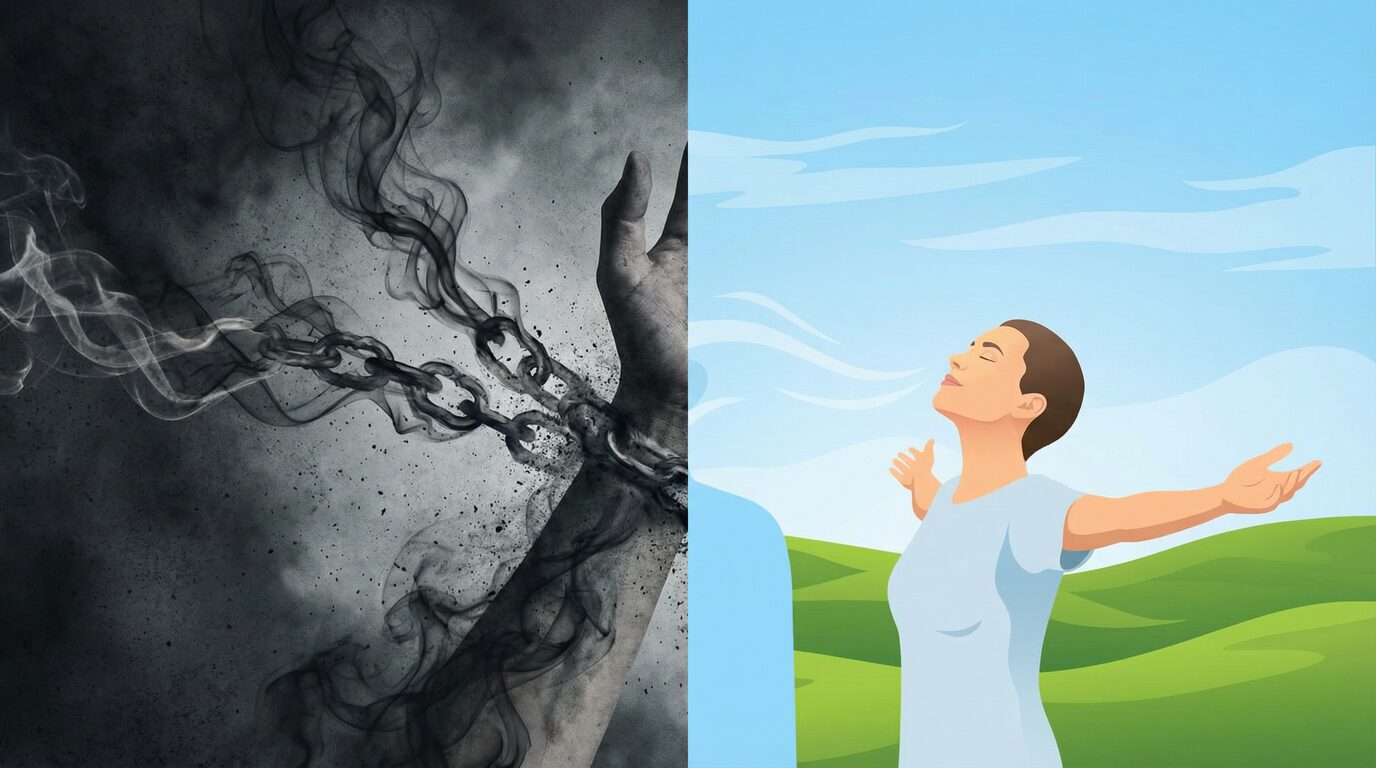 暗い鎖から解放され、青空に向かって飛び立つ鳥のイメージ。禁煙による自由と解放感を表現。