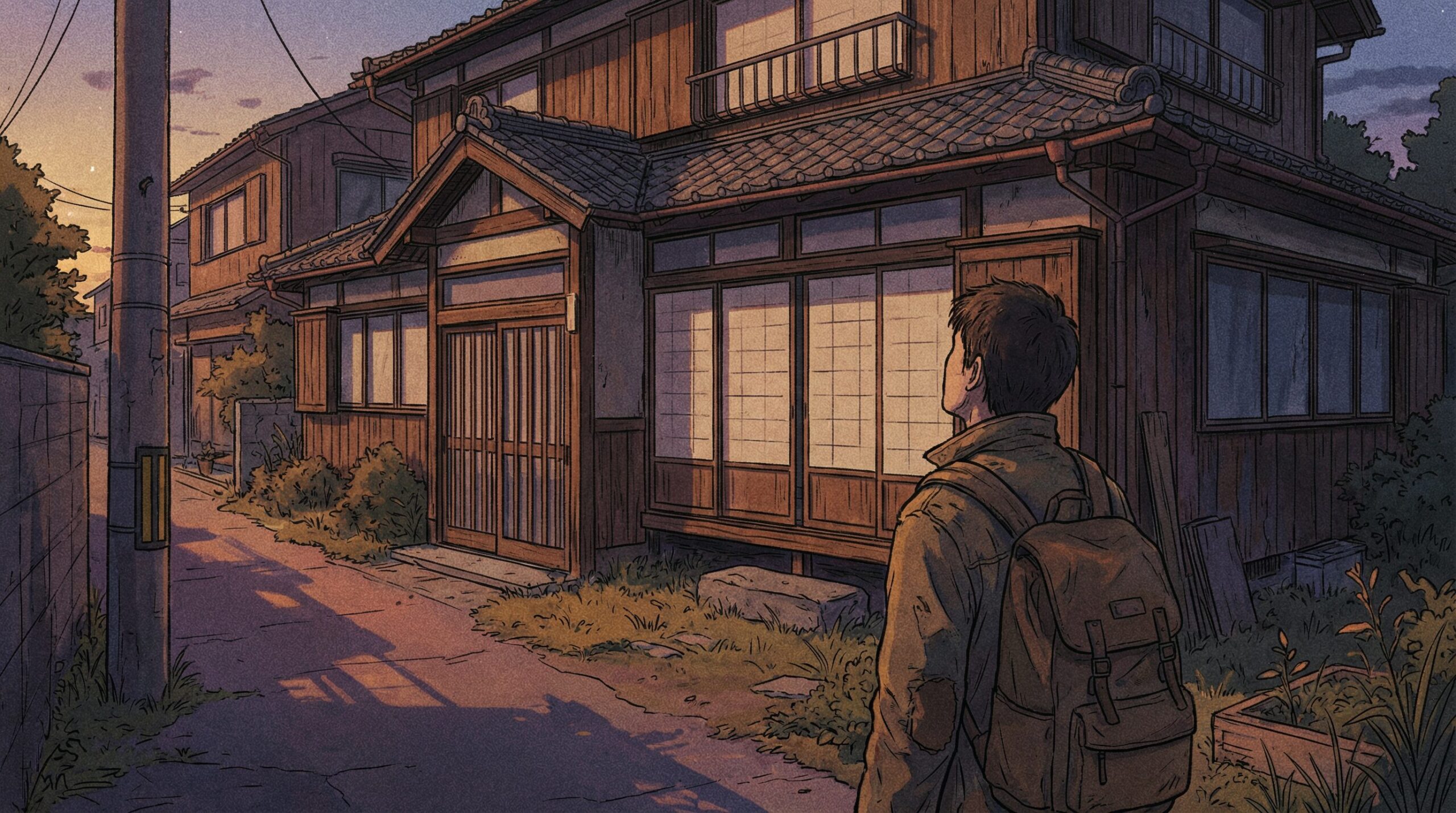 夕暮れ時の築50年の日本家屋を見上げる37歳男性の後ろ姿。住宅ローン審査に落ちて購入を断念した哀愁漂う雰囲気