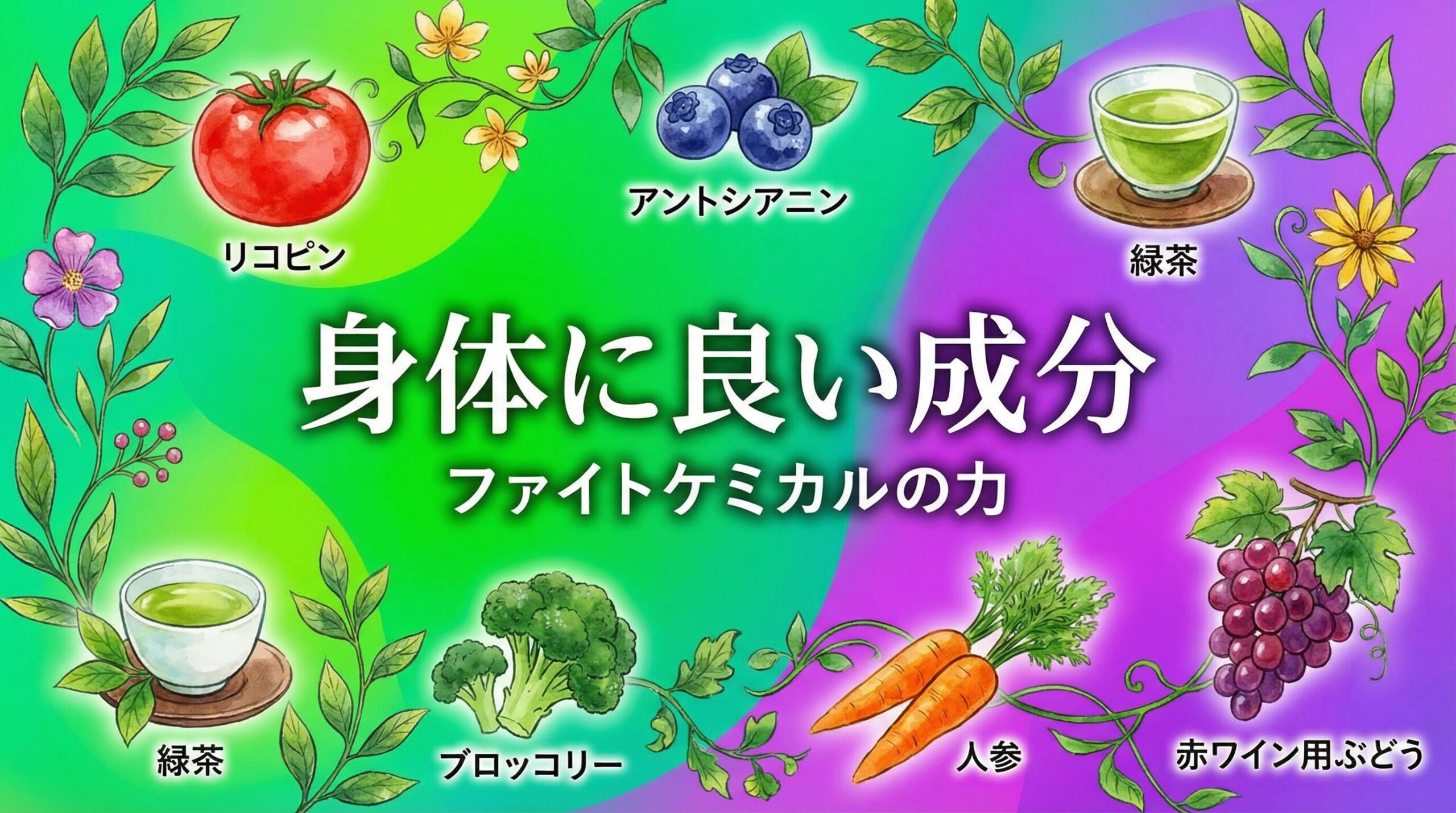 ファイトケミカルを豊富に含む17種類の食品（緑茶、ブルーベリー、大豆、ターメリック、赤ワイン、コーヒー、トマト、ほうれん草、サケ、ブロッコリー、ニンニク、鶏胸肉など）の抗酸化作用と健康効果を示すイラスト
