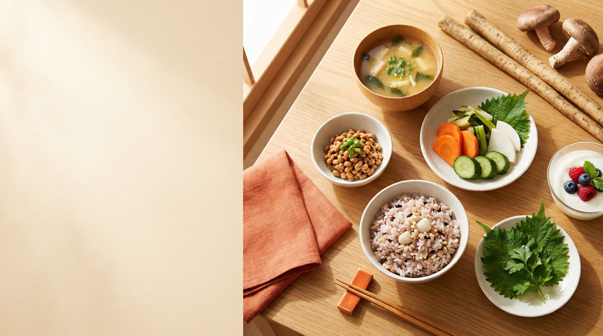 腸活レシピ完全ガイド - 和食の腸活食材が並ぶ食卓