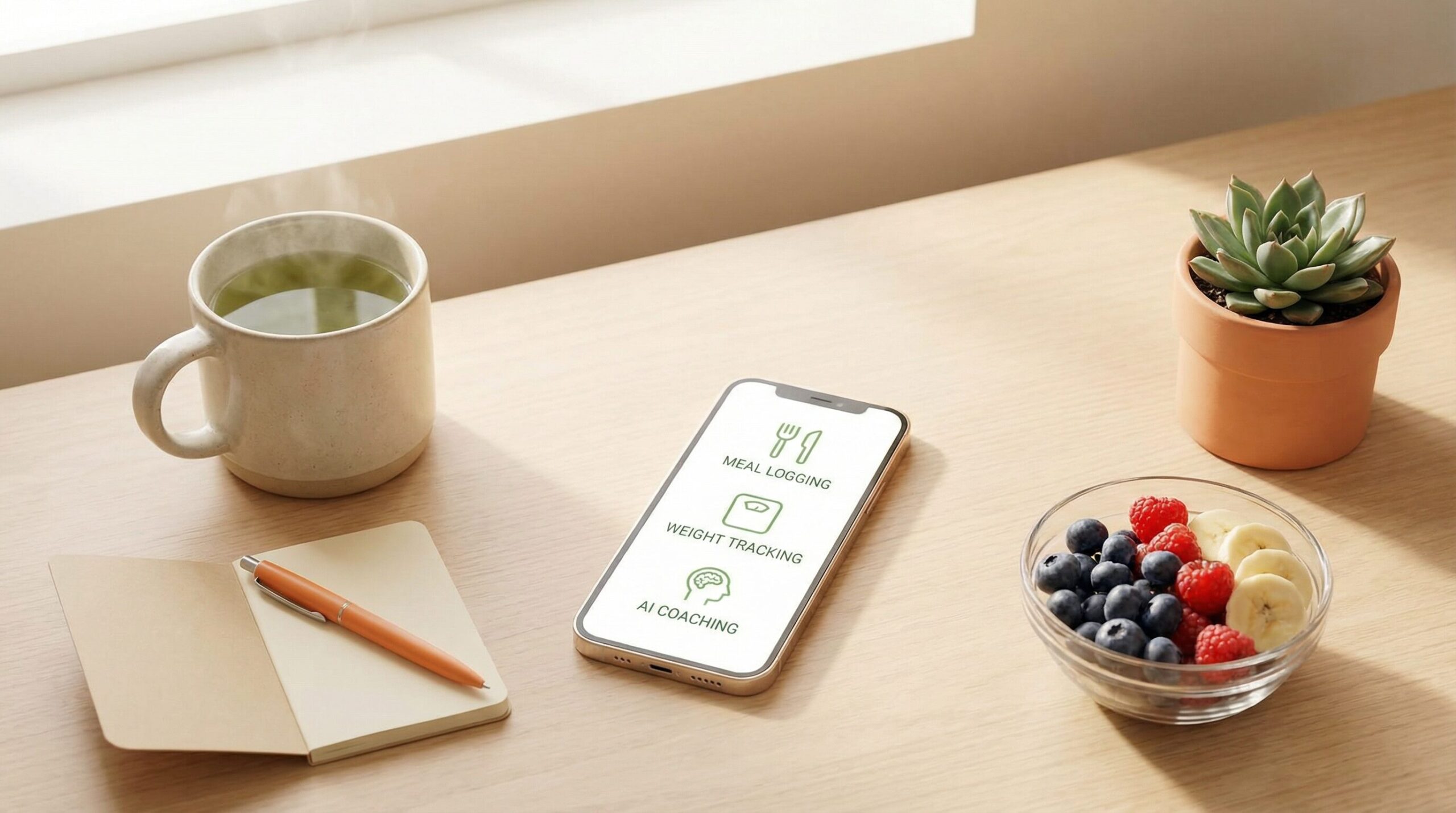 MindFlow Dietアプリの使い方完全ガイド - デスク上のスマホとフルーツ