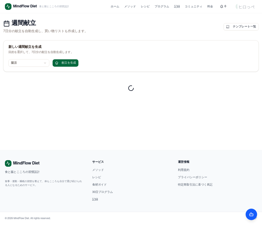 MindFlow Diet週間献立生成画面