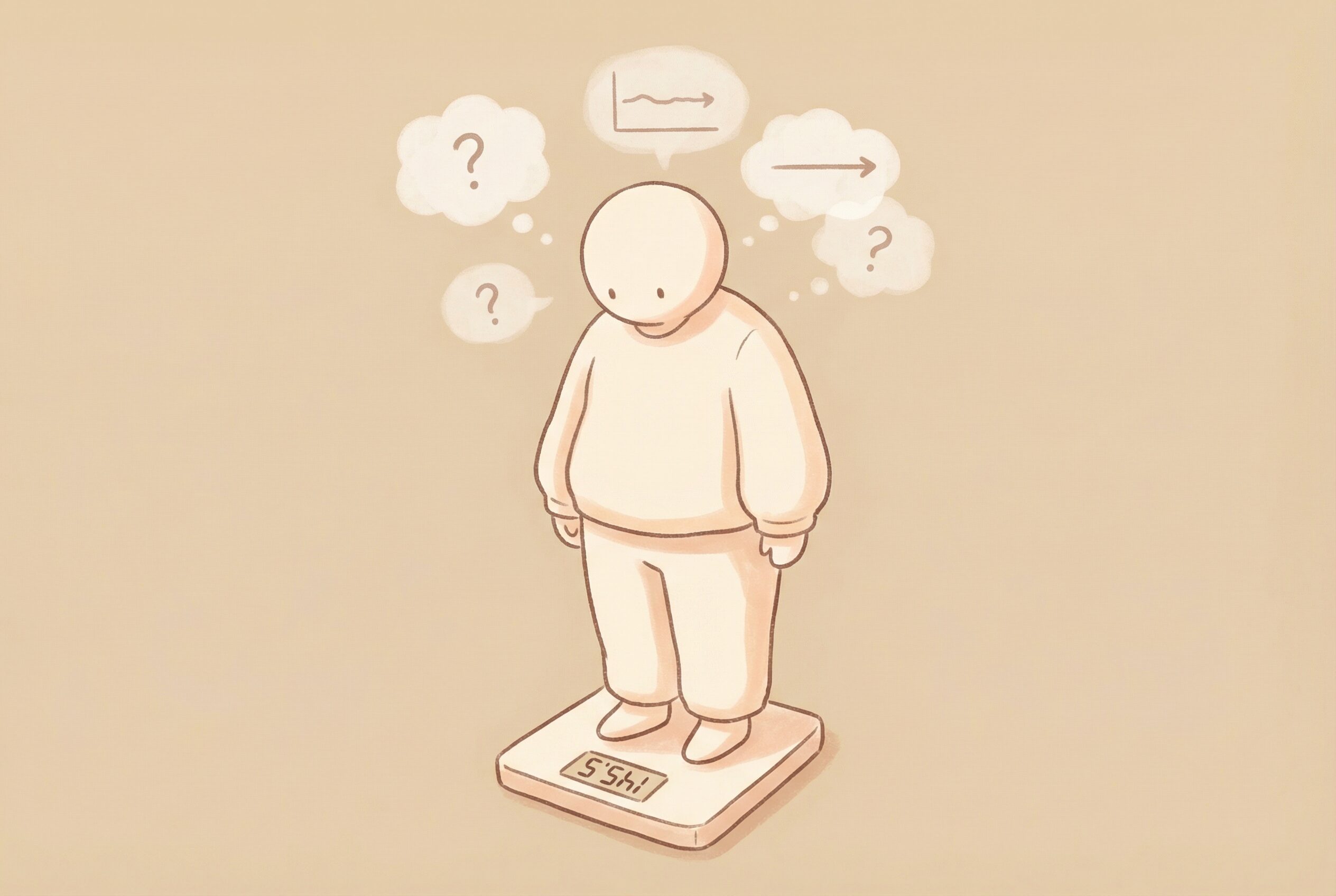 体重計に乗って悩む人のイメージ