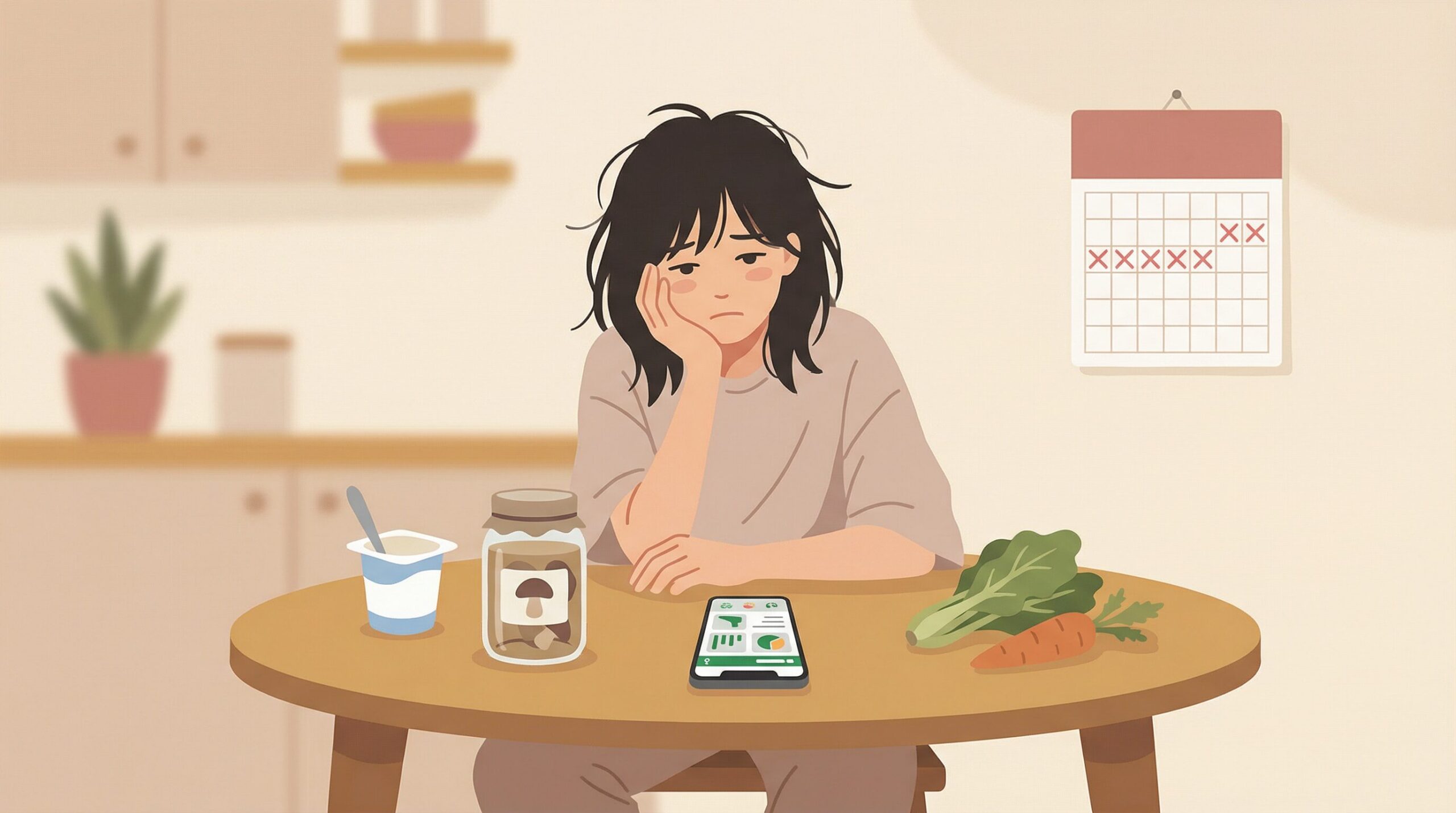 腸活を始めたけど続かない——テーブルの前で疲れた表情の人のイラスト