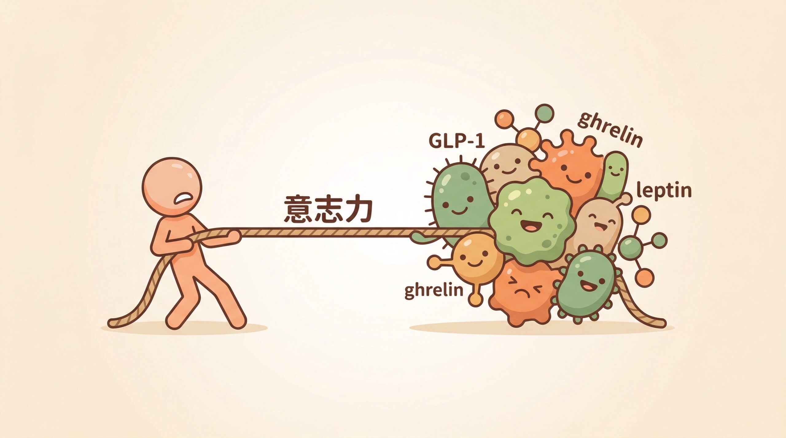 意志力 vs 腸内細菌・食欲ホルモンの綱引きイメージ